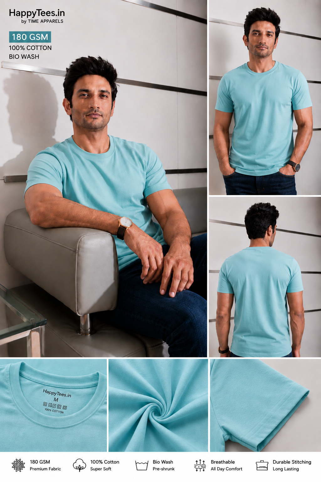 Men's Aqua Blue Round Neck T-Shirt 180 GSM Combed Cotton