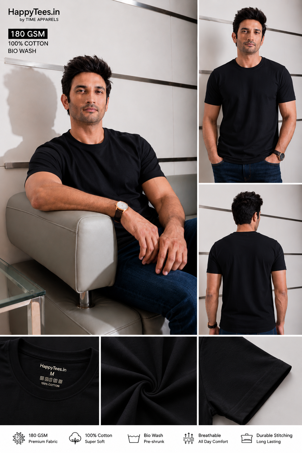 Men's Plain Black Round Neck T-Shirt 180 GSM 100% Combed Cotton