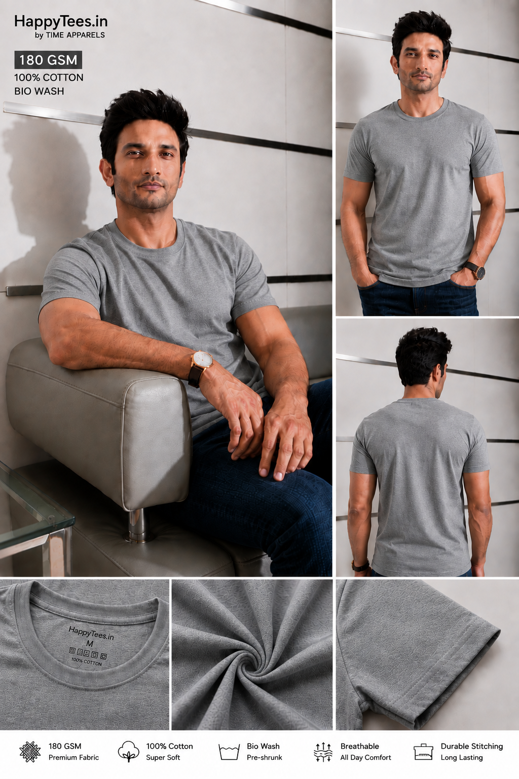 Men's Plain Grey Mélange  Round Neck T-Shirt 180 GSM Combed Cotton