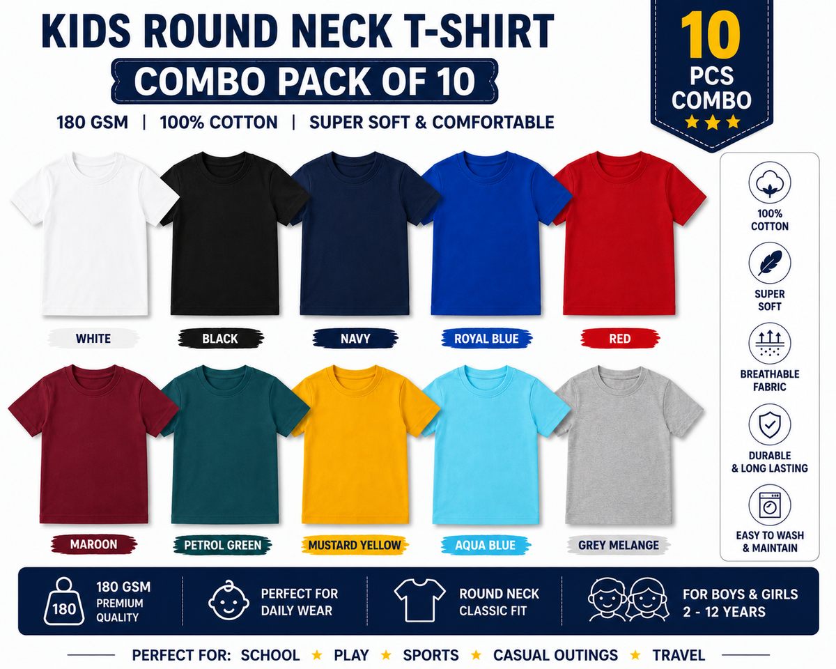 Kids Plain Round Neck T-Shirt Combo Pack of 10