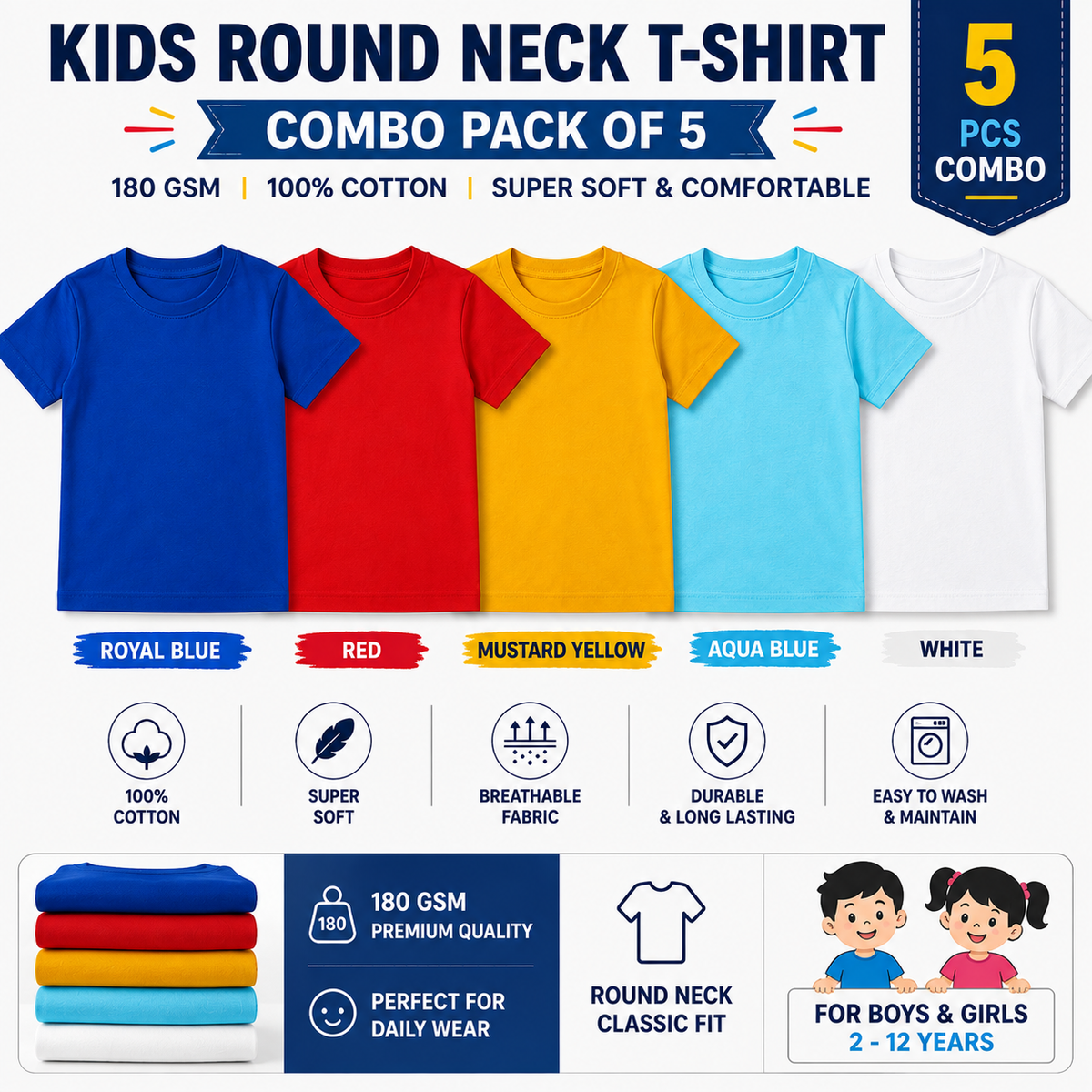 Kids Plain Round Neck T-Shirt Combo Pack of 5 PCS