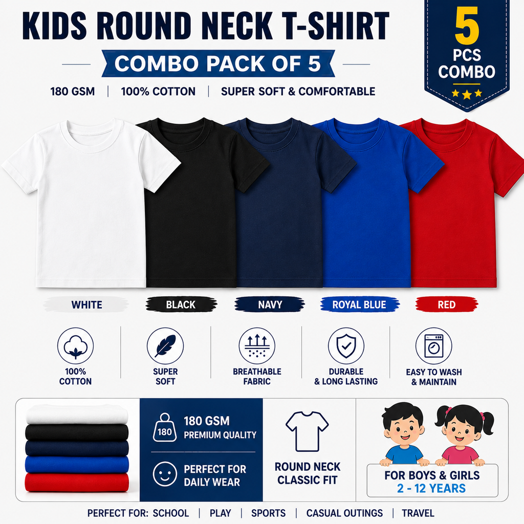 Kids Plain Round Neck T-Shirt Combo Pack of 5 PCS