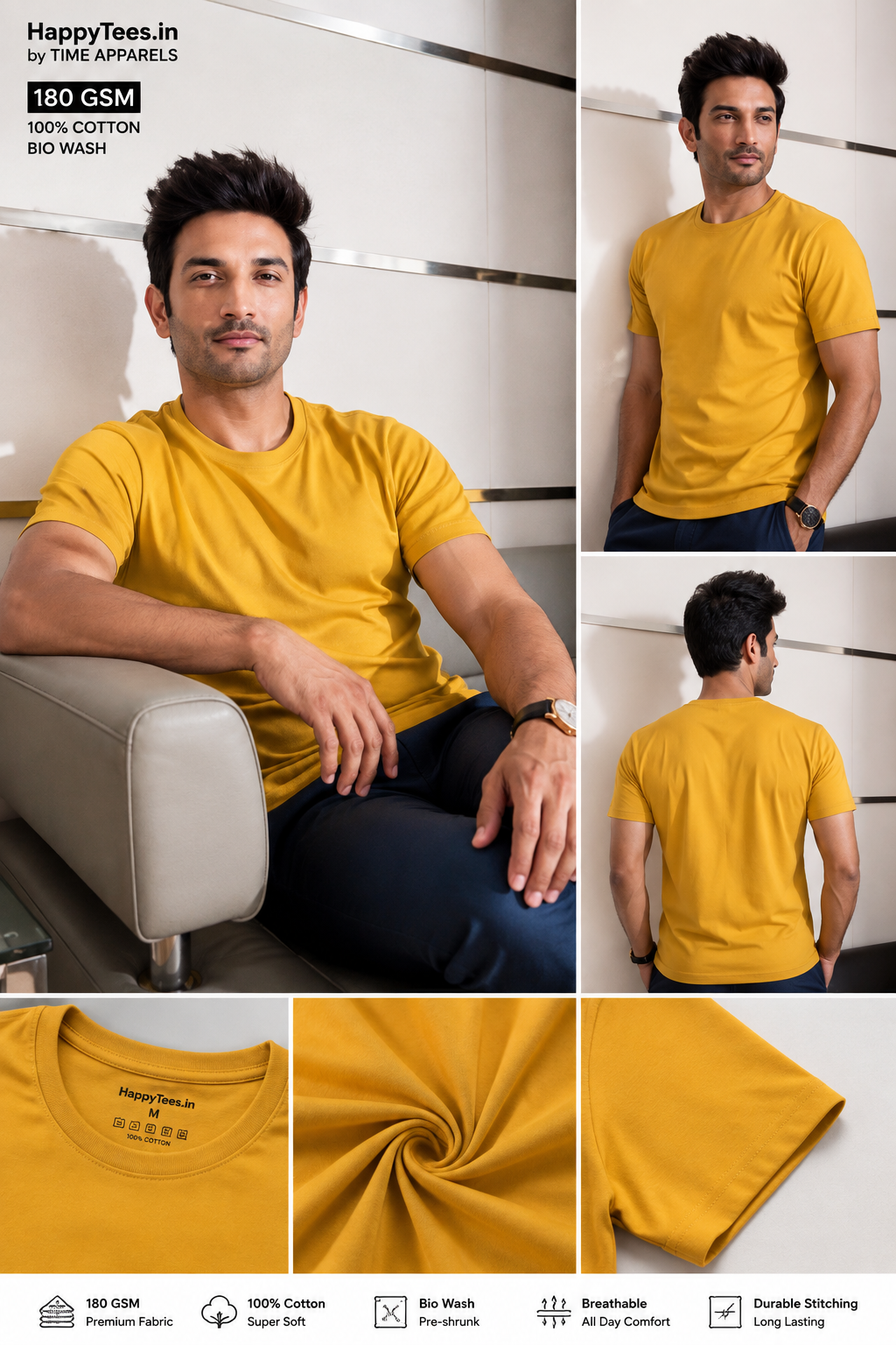 Men's Mustard Yellow Round Neck T-Shirt 180 GSM Combed Cotton