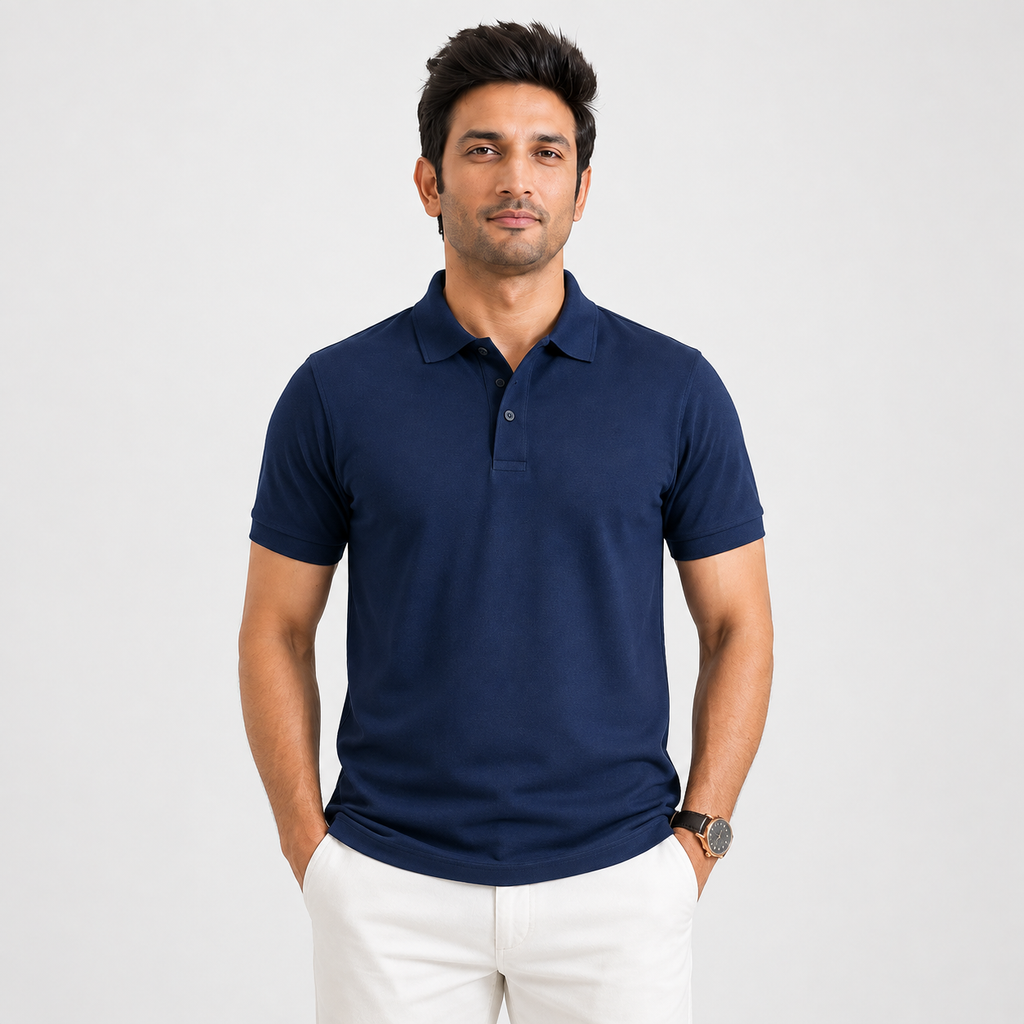 Navy Blue Poly Cotton Polo T-Shirt 60% Cotton 40% Polyester