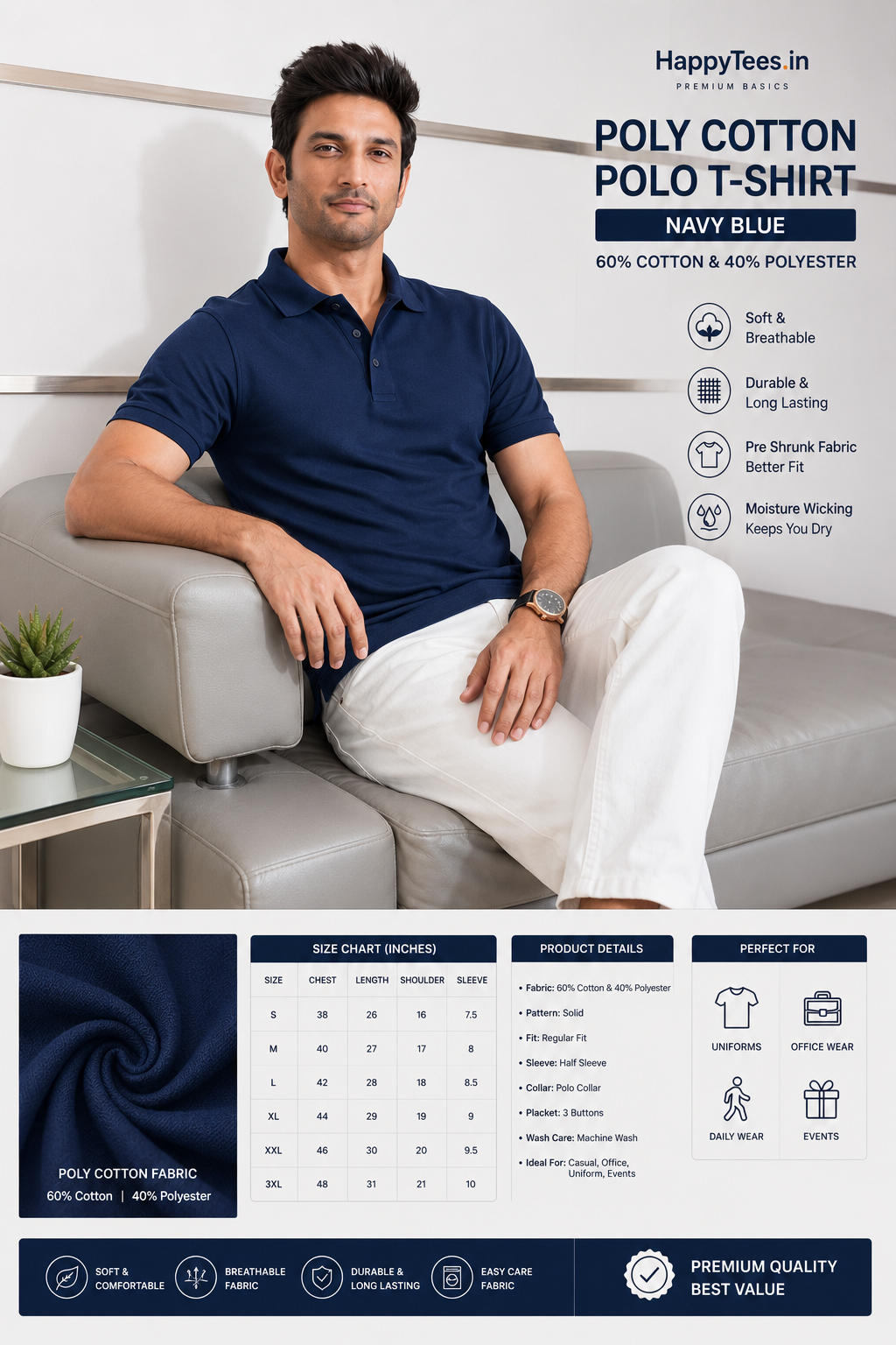Navy Blue Poly Cotton Polo T-Shirt 60% Cotton 40% Polyester