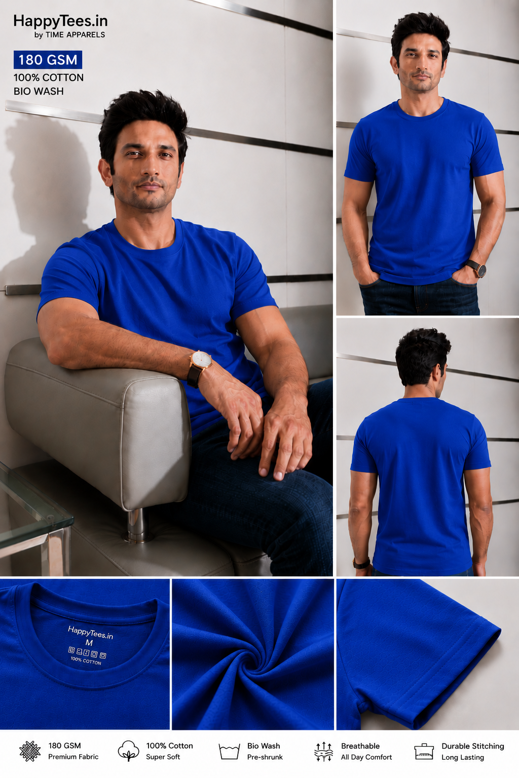 Men's Plain Royal Blue Round Neck T-Shirt 180 GSM Combed Cotton