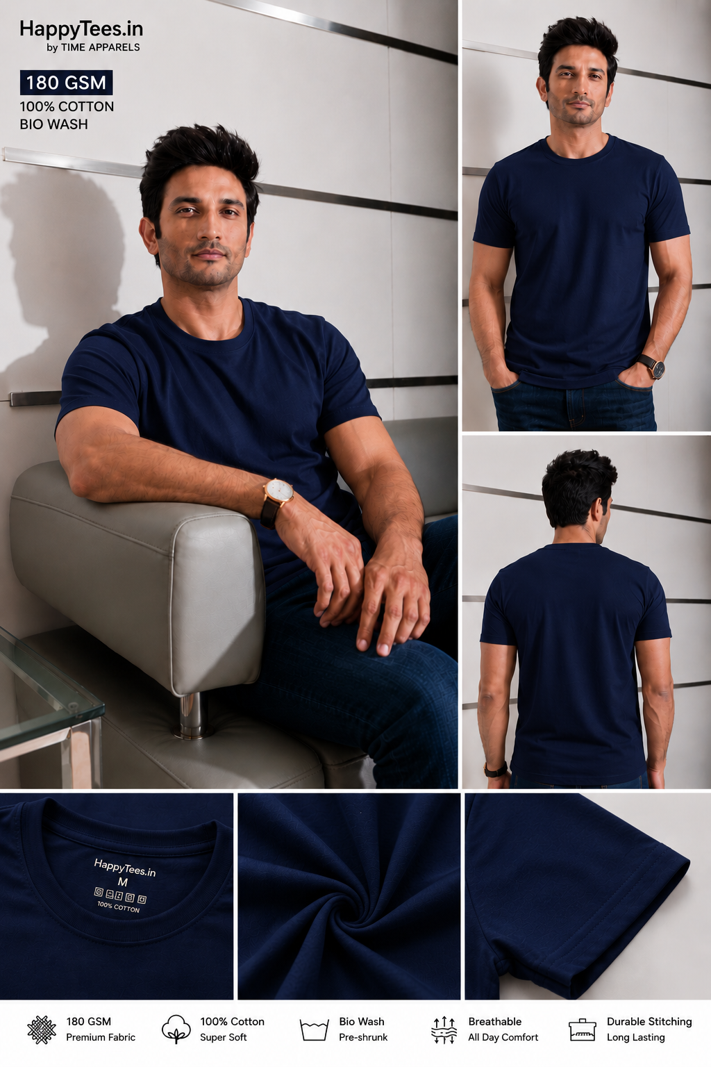 Men's Plain Navy Round Neck T-Shirt 180 GSM Combed Cotton