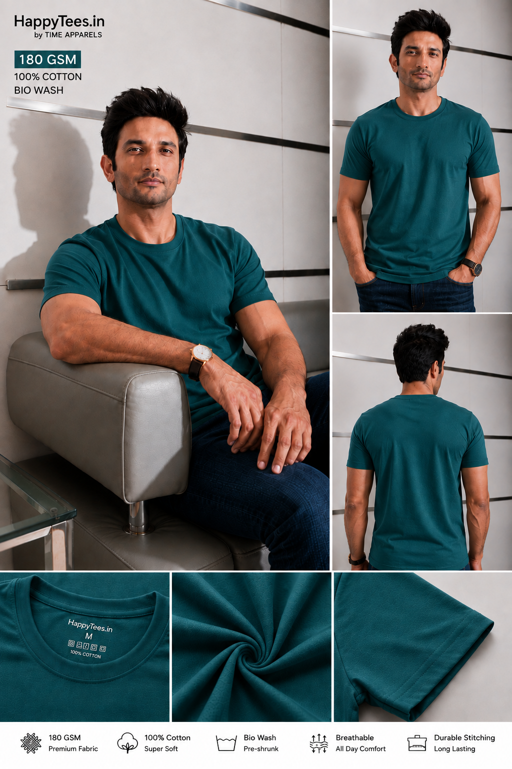 Men's Plain Petrol Green  Round Neck T-Shirt 180 GSM Combed Cotton