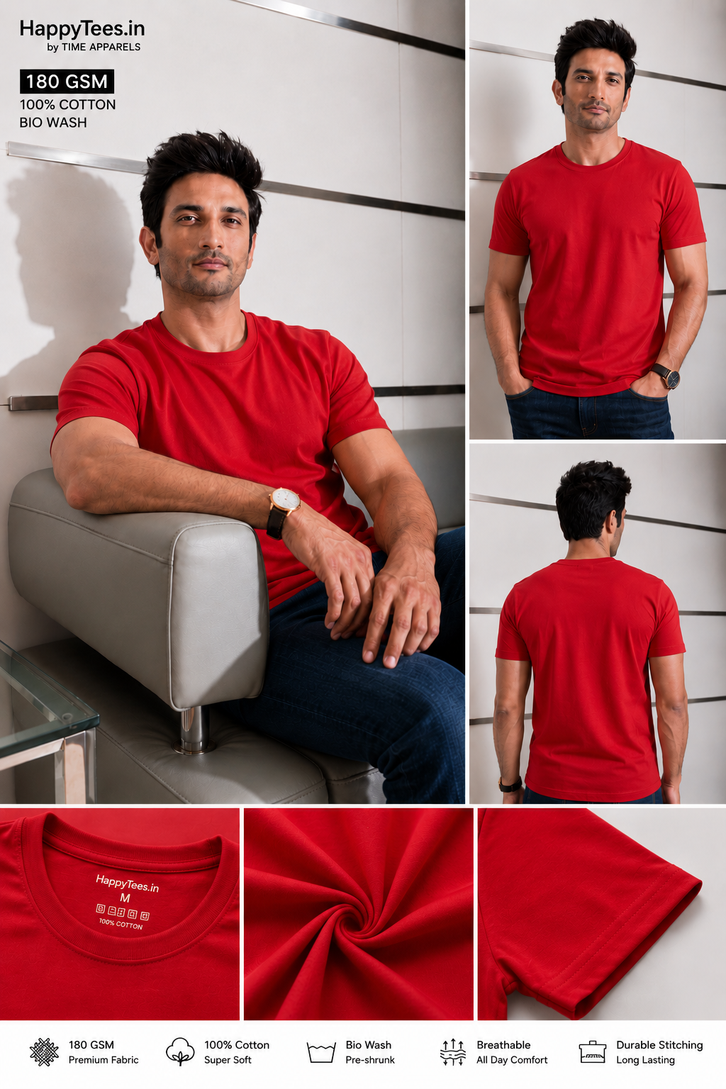 Men's Plain Red Round Neck T-Shirt 180 GSM Combed Cotton