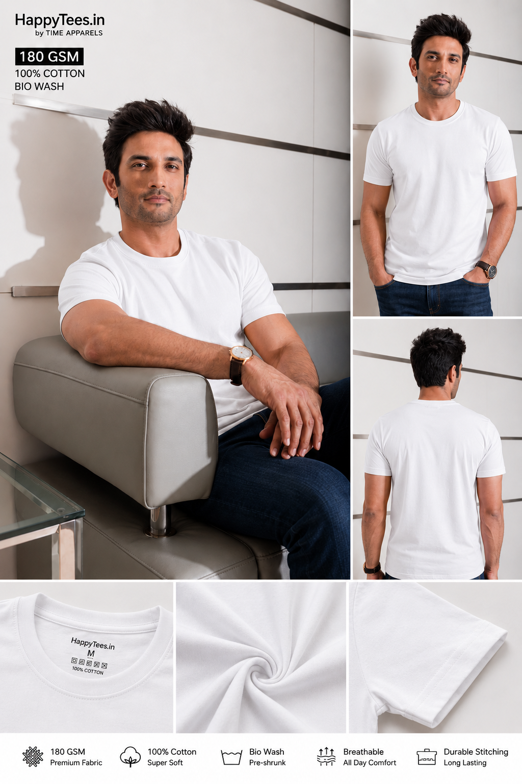 Men's Plain White Round Neck T-Shirt 180 GSM Combed Cotton