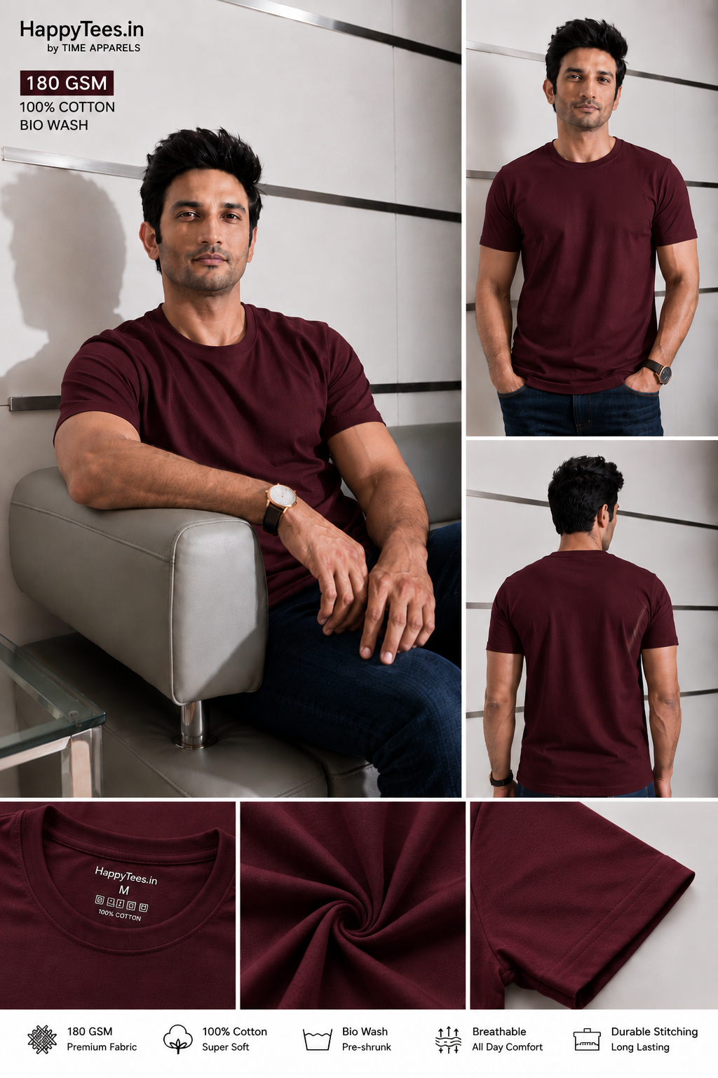 Men's Plain Marron  Round Neck T-Shirt 180 GSM Combed Cotton