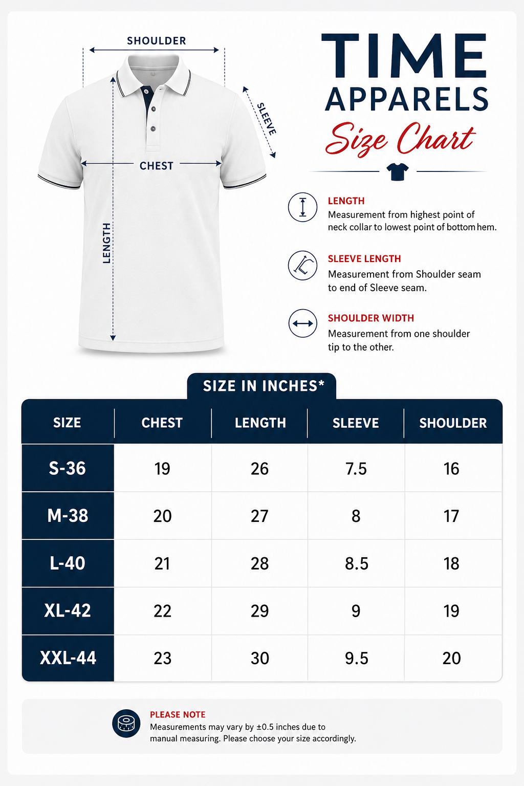 Time Apparels men's polo shirt size chart