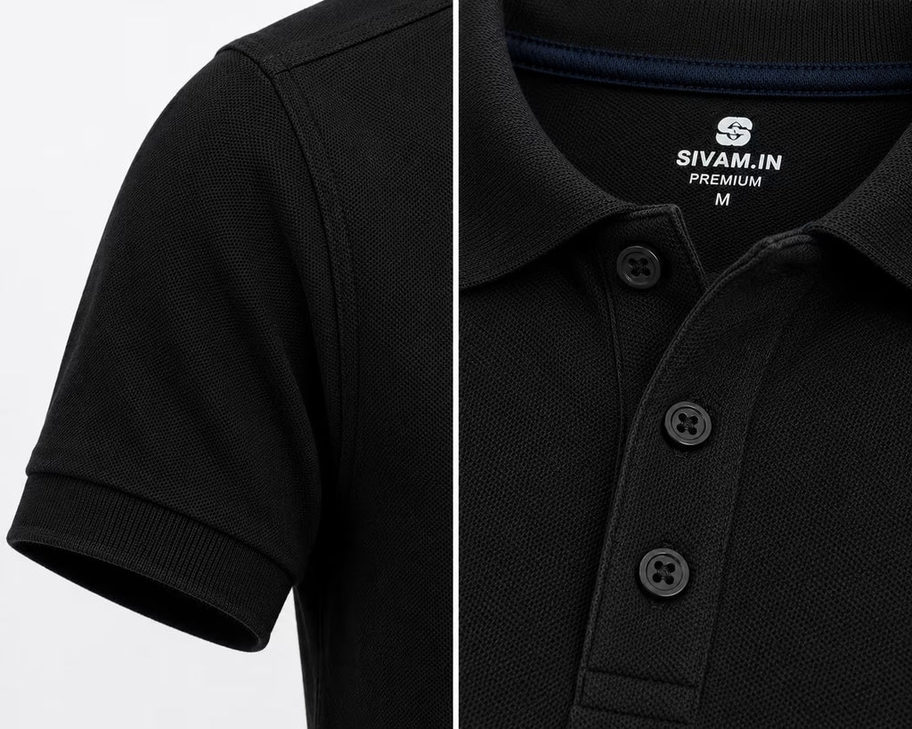 Premium 280 GSM Jet Black Polo T-Shirt sleeve and placket detail