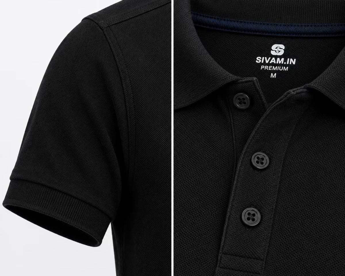 Premium 280 GSM Jet Black Polo T-Shirt sleeve and placket detail